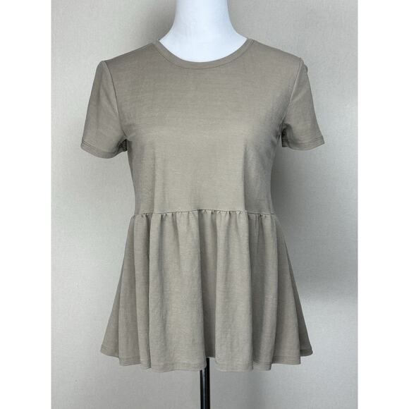 ZARA Women’s Sz S Taupe Short Sleeve Peplum Top Baby Doll Peasant Boho Smocked - Picture 1 of 7